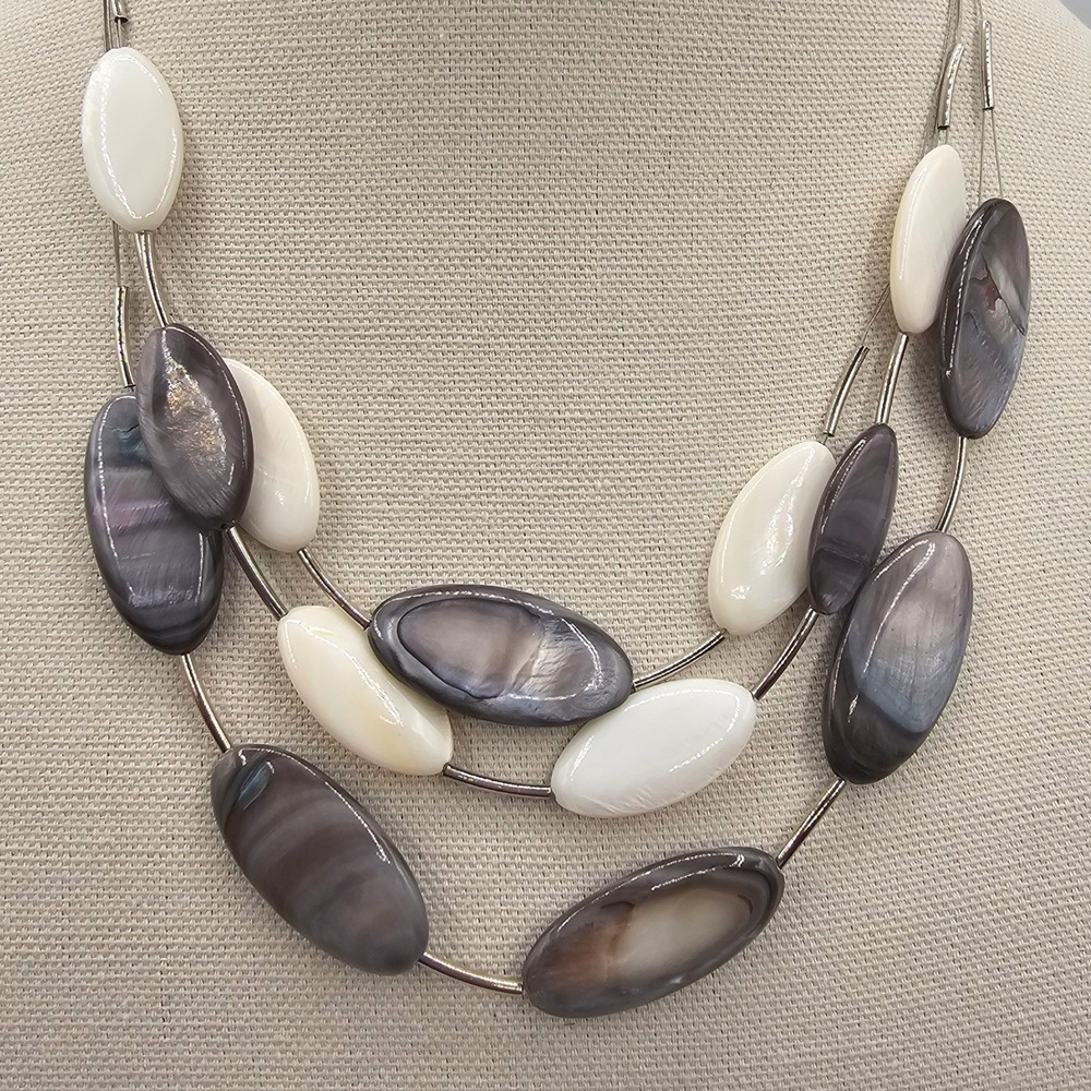 Ali-Khan NY Necklace Multi Strand Grey White MOP Shell Beads Layered‎ 16-19"